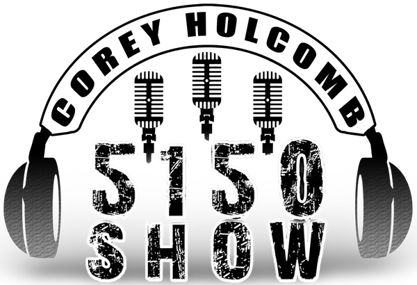 A black and white graphic design featuring a pair of headphones with three vintage microphones on the headband, and the text 'COREY HOLCOMB 5150 SHOW' in distressed black lettering on a white background.